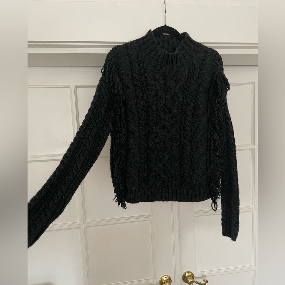 Black cable-knit sweater with fringe size L